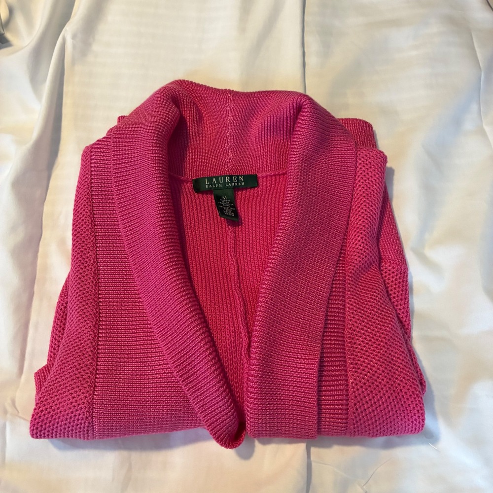 Lauren Ralph Lauren Knit‎ Cardigan Open Front Pink Cotton Blend Short Sleeve- M
